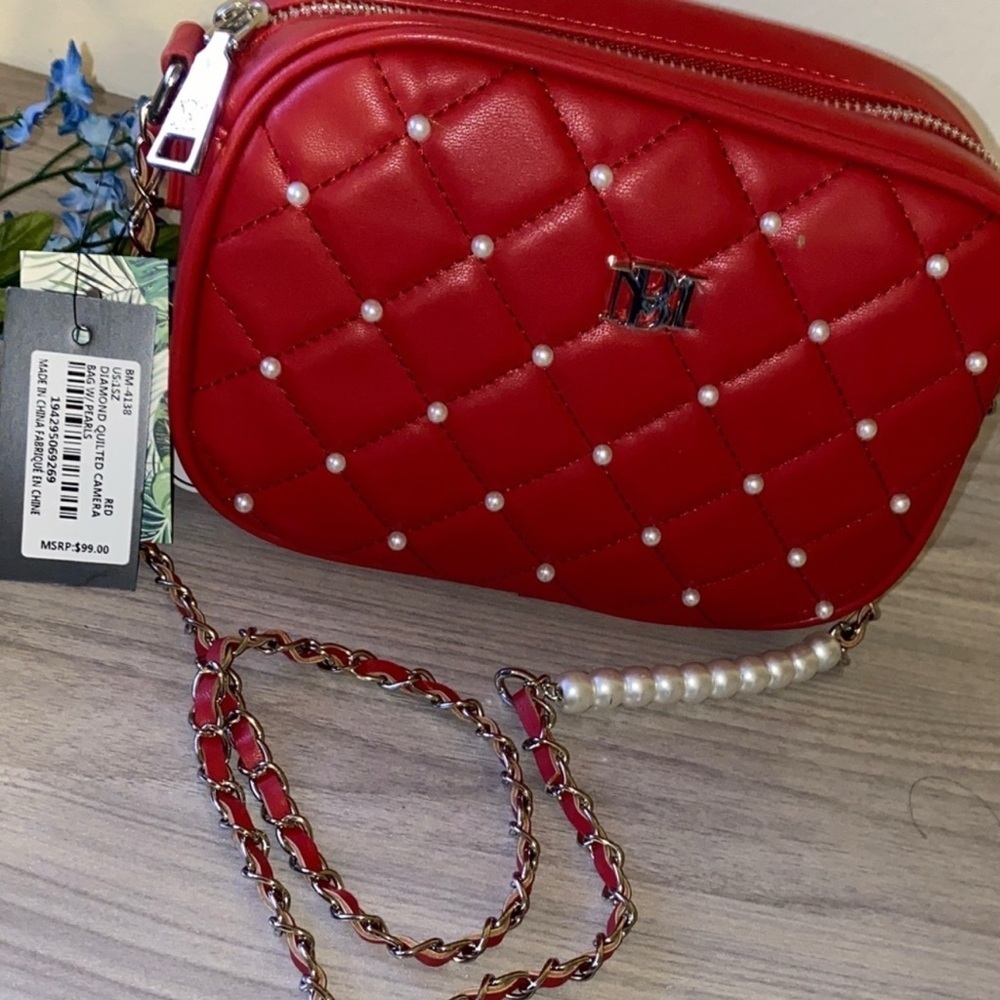Badgley Mischka NWT Pearl-Embellished Red Crossbody Bag